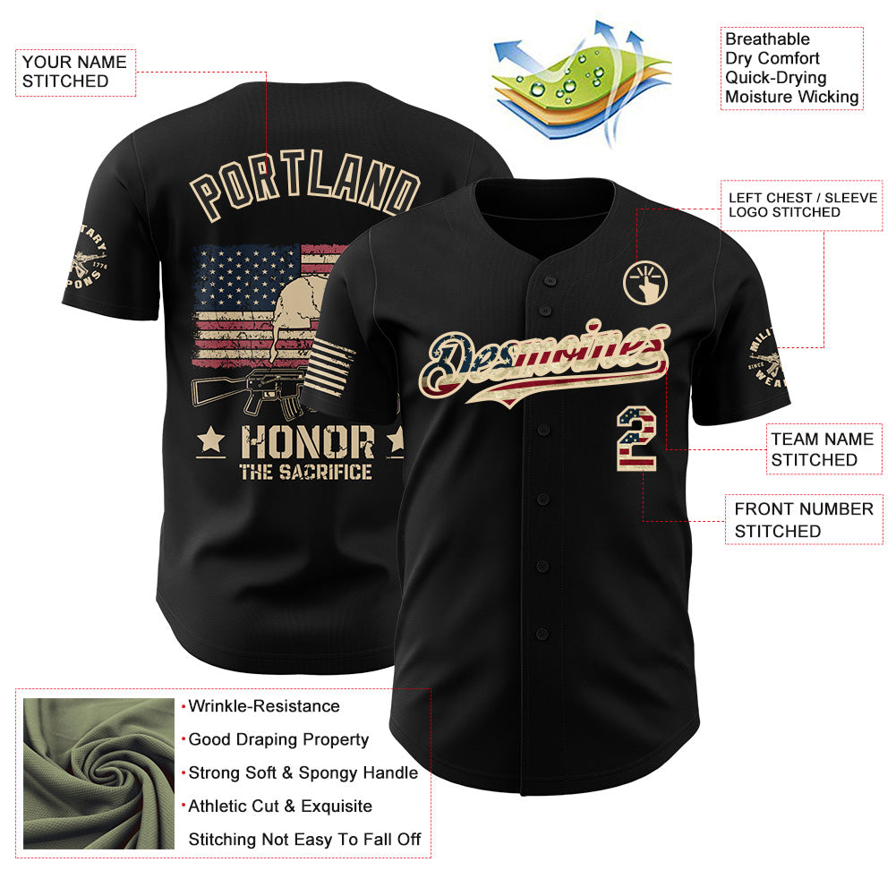 Custom Black Vintage USA Flag-City Cream Military Veteran Authentic Baseball Jersey view 3