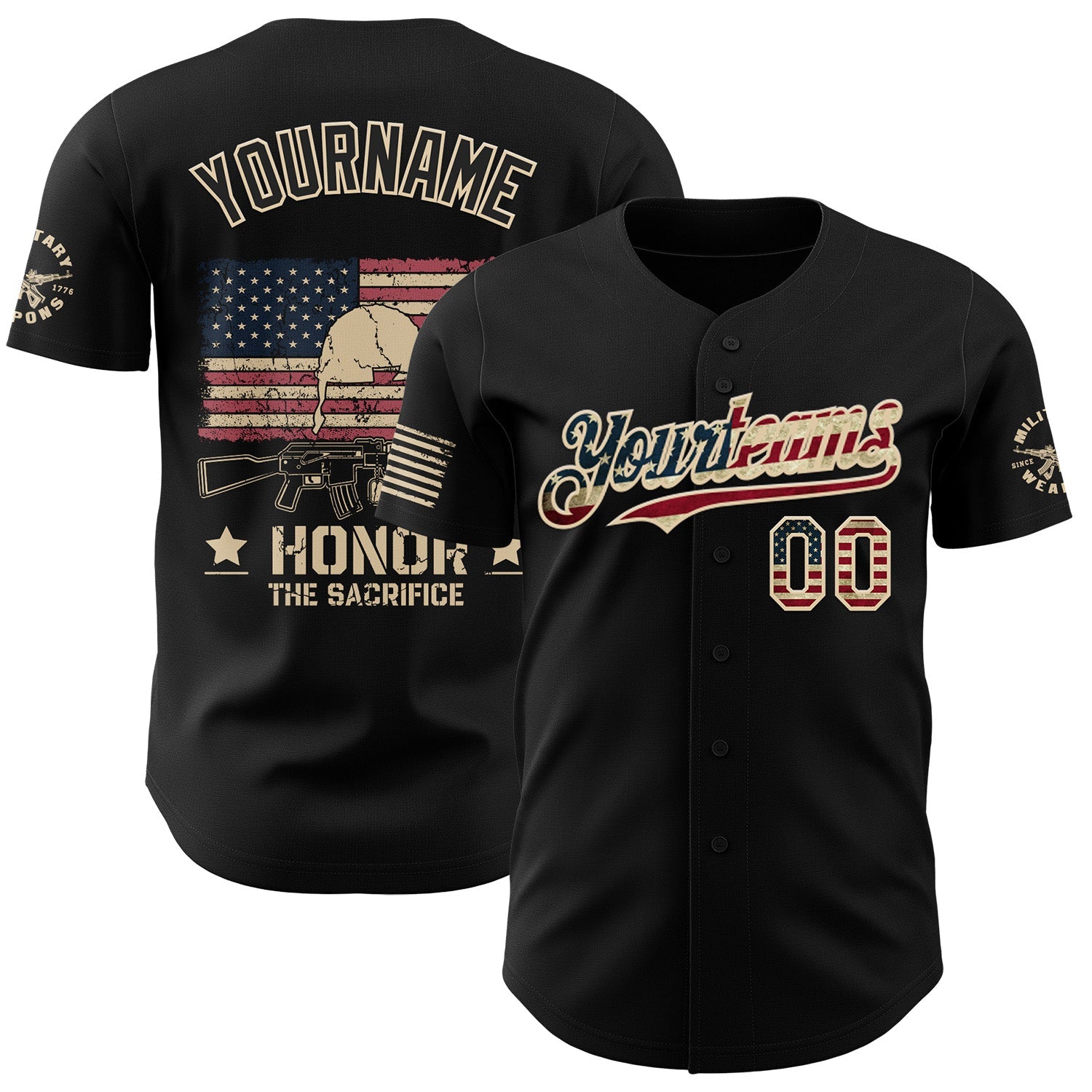 Custom Black Vintage USA Flag-City Cream Military Veteran Authentic Baseball Jersey - Main View