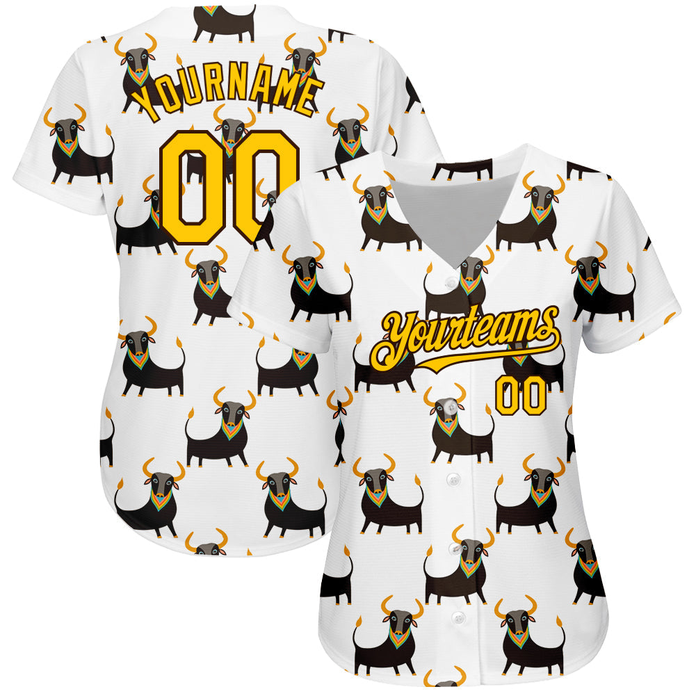 Custom White Yellow-Brown 3D Pattern Design Ox Authentic Baseball Jersey view 2