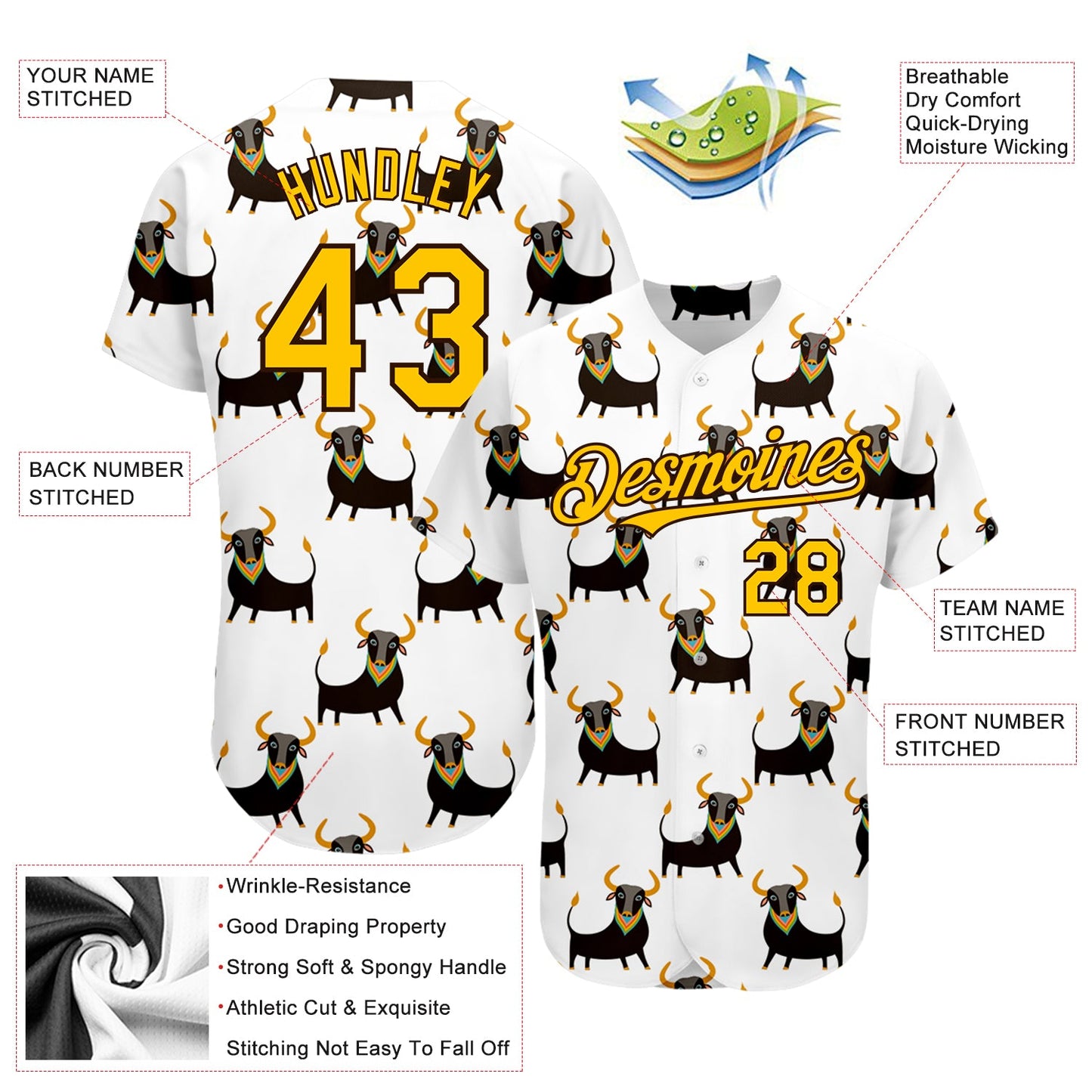 Custom White Yellow-Brown 3D Pattern Design Ox Authentic Baseball Jersey view 3
