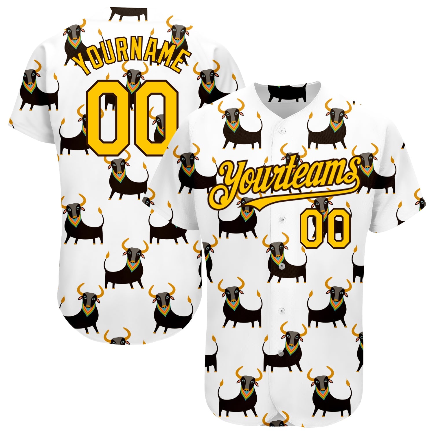 Custom White Yellow-Brown 3D Pattern Design Ox Authentic Baseball Jersey - Main View