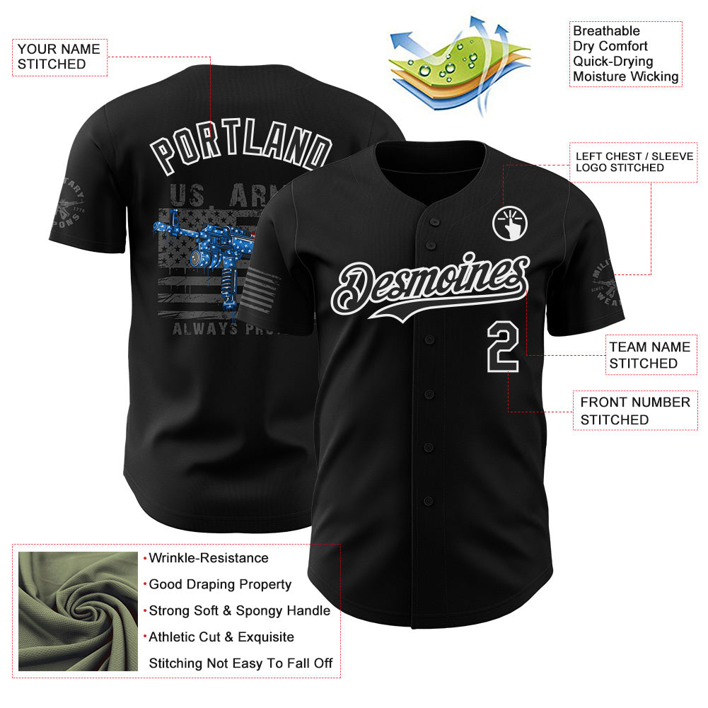 Custom Black-White USA Flag Patriotic Army Authentic Baseball Jersey view 3