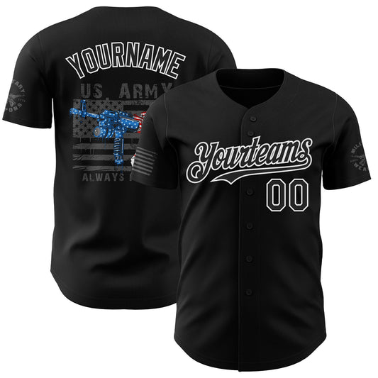 Custom Black-White USA Flag Patriotic Army Authentic Baseball Jersey - Main View