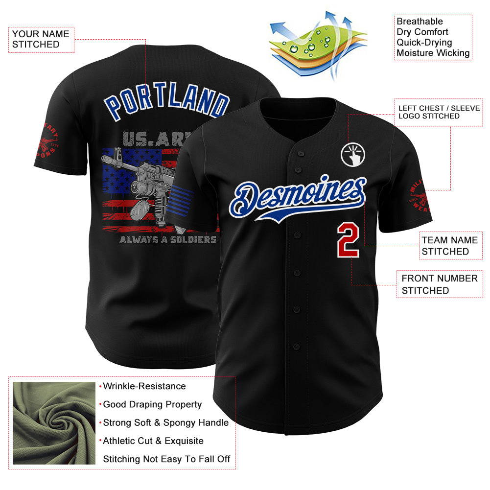 Custom Black Red White-Royal USA Flag Patriotic Army Authentic Baseball Jersey view 3