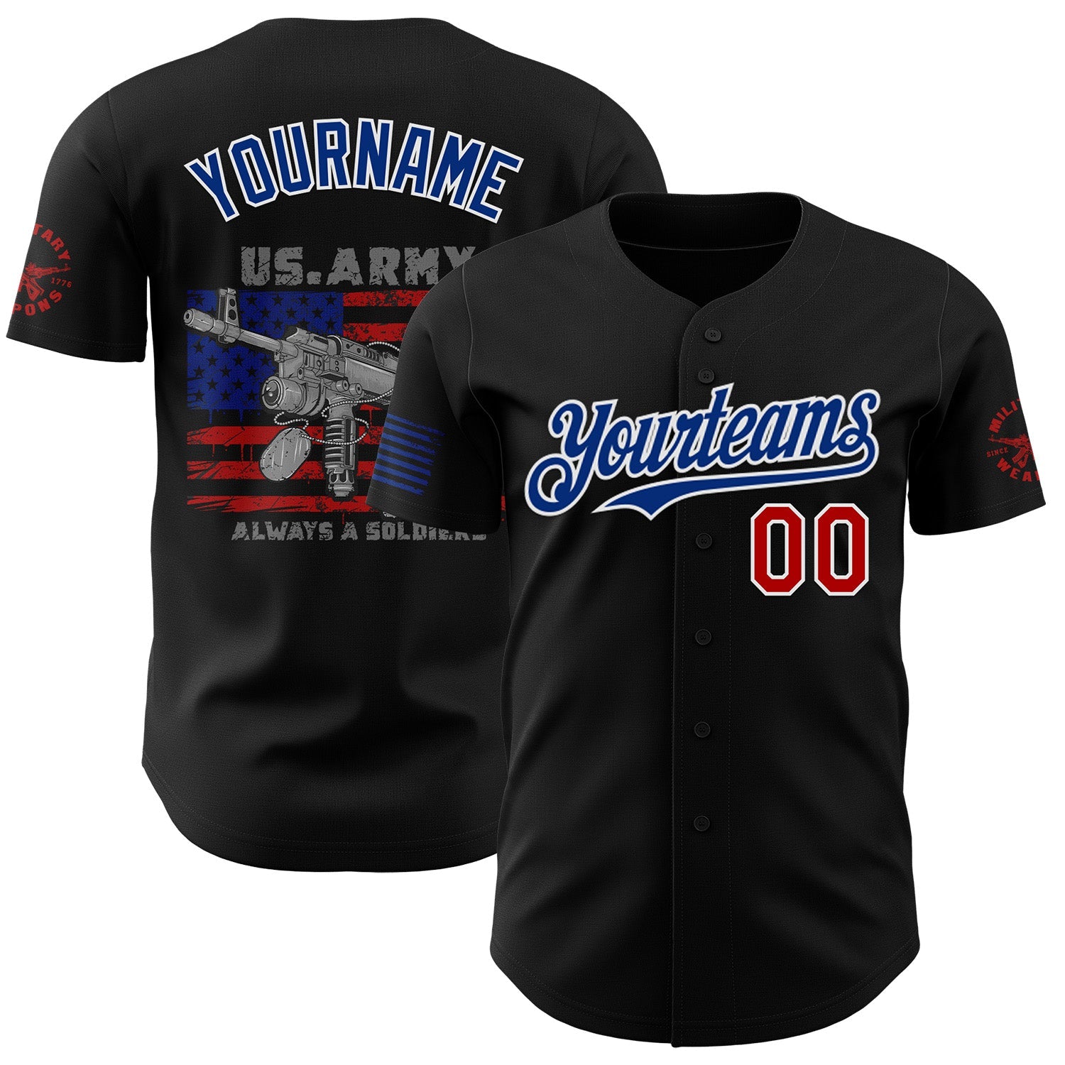 Custom Black Red White-Royal USA Flag Patriotic Army Authentic Baseball Jersey - Main View