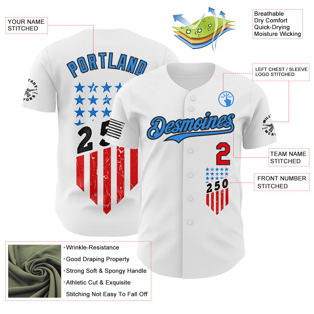 Custom White Fire Red Black-Electric Blue USA Flag Patriotic Authentic Baseball Jersey view 3