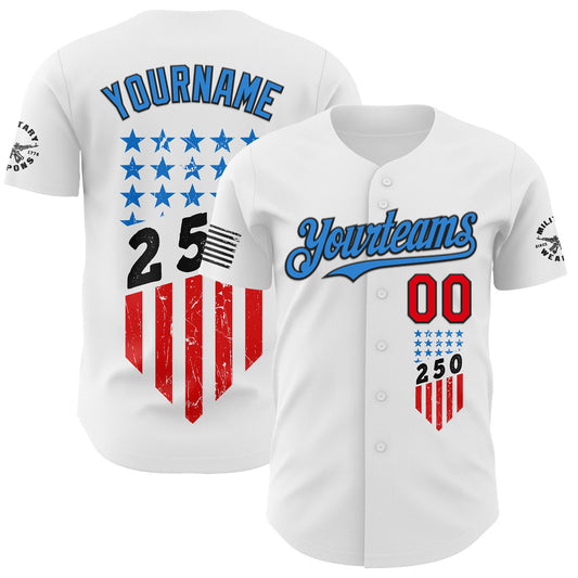 Custom White Fire Red Black-Electric Blue USA Flag Patriotic Authentic Baseball Jersey - Main View