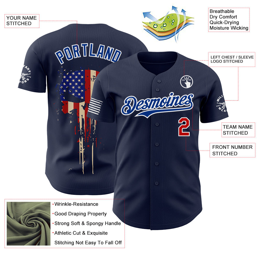 Custom Navy Red White-Royal USA Flag Skull Authentic Baseball Jersey view 3