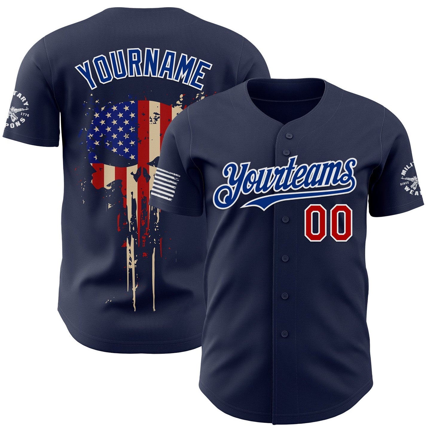 Custom Navy Red White-Royal USA Flag Skull Authentic Baseball Jersey - Main View