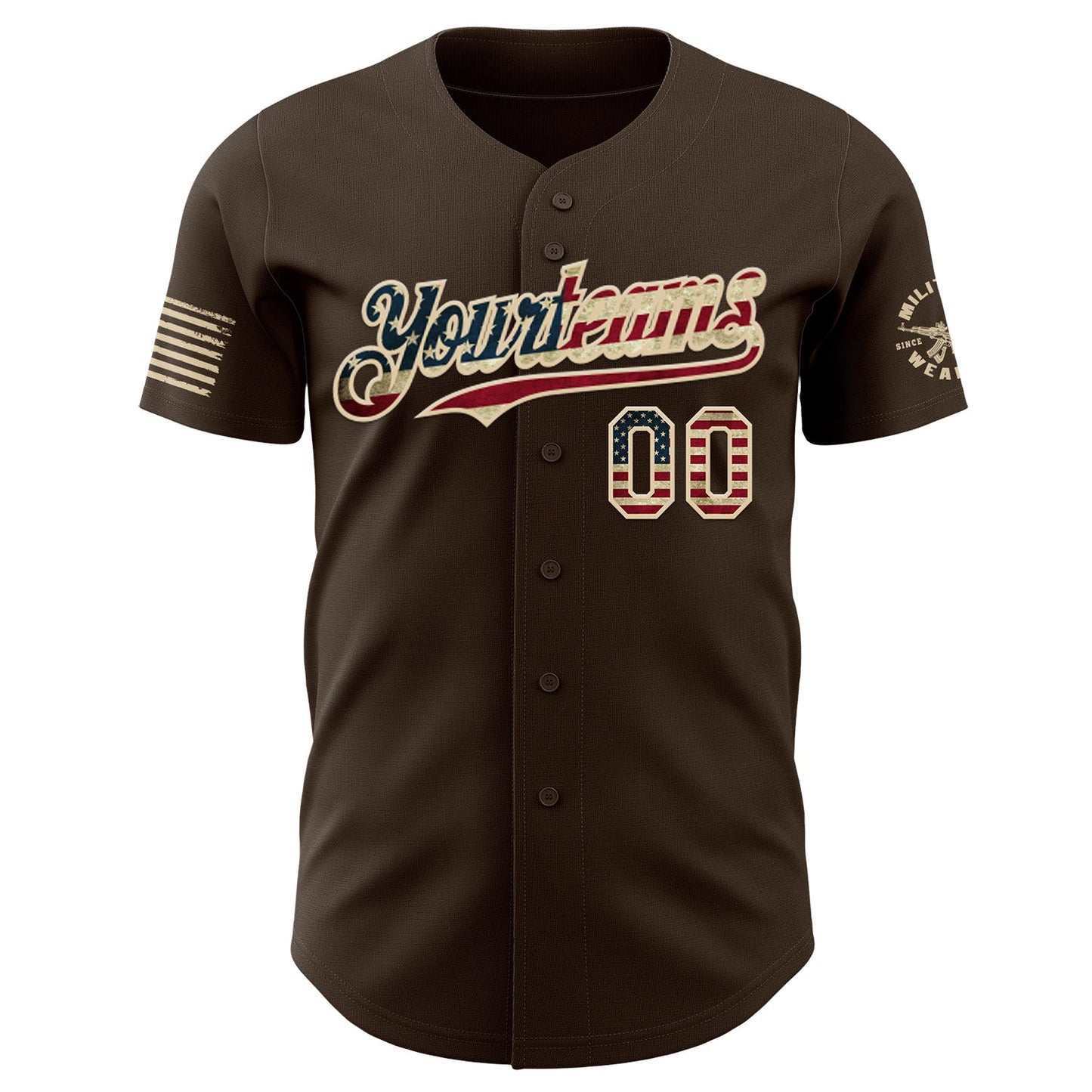 Custom Brown Vintage USA Flag-City Cream Old Pilot Skull Authentic Baseball Jersey view 2