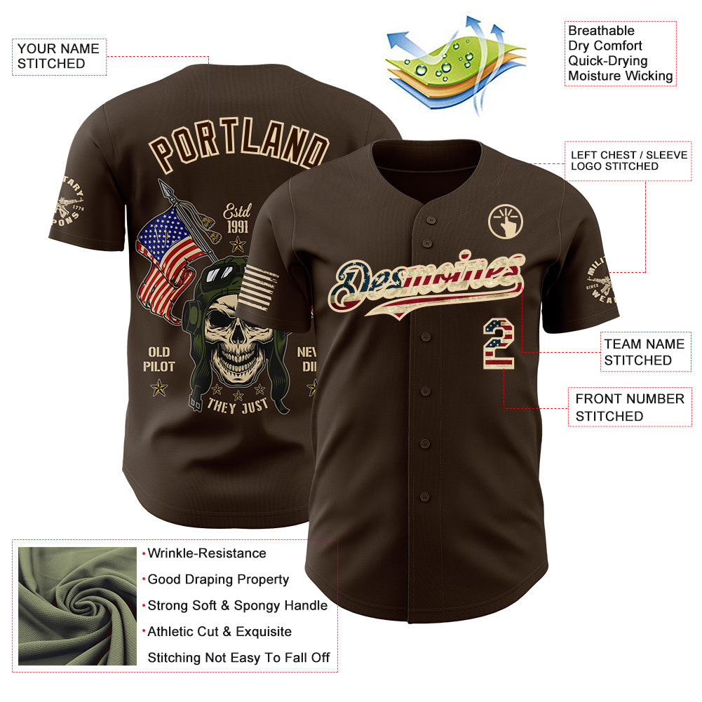 Custom Brown Vintage USA Flag-City Cream Old Pilot Skull Authentic Baseball Jersey view 3