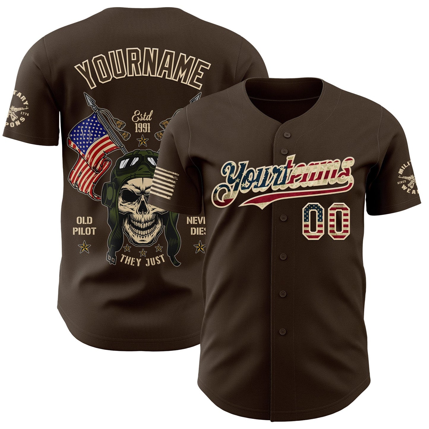 Custom Brown Vintage USA Flag-City Cream Old Pilot Skull Authentic Baseball Jersey - Main View