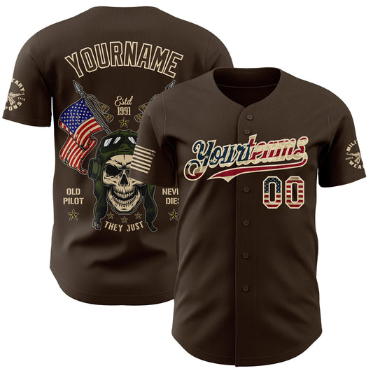 Custom Brown Vintage USA Flag-City Cream Old Pilot Skull Authentic Baseball Jersey - Main View