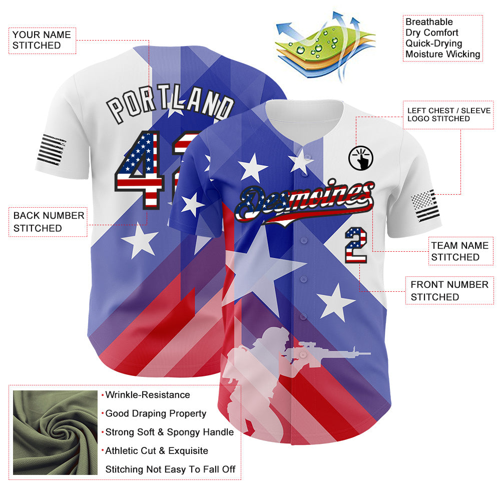 Custom White USA Flag-Black American Soldier Authentic Baseball Jersey view 3