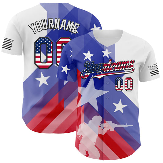 Custom White USA Flag-Black American Soldier Authentic Baseball Jersey - Main View
