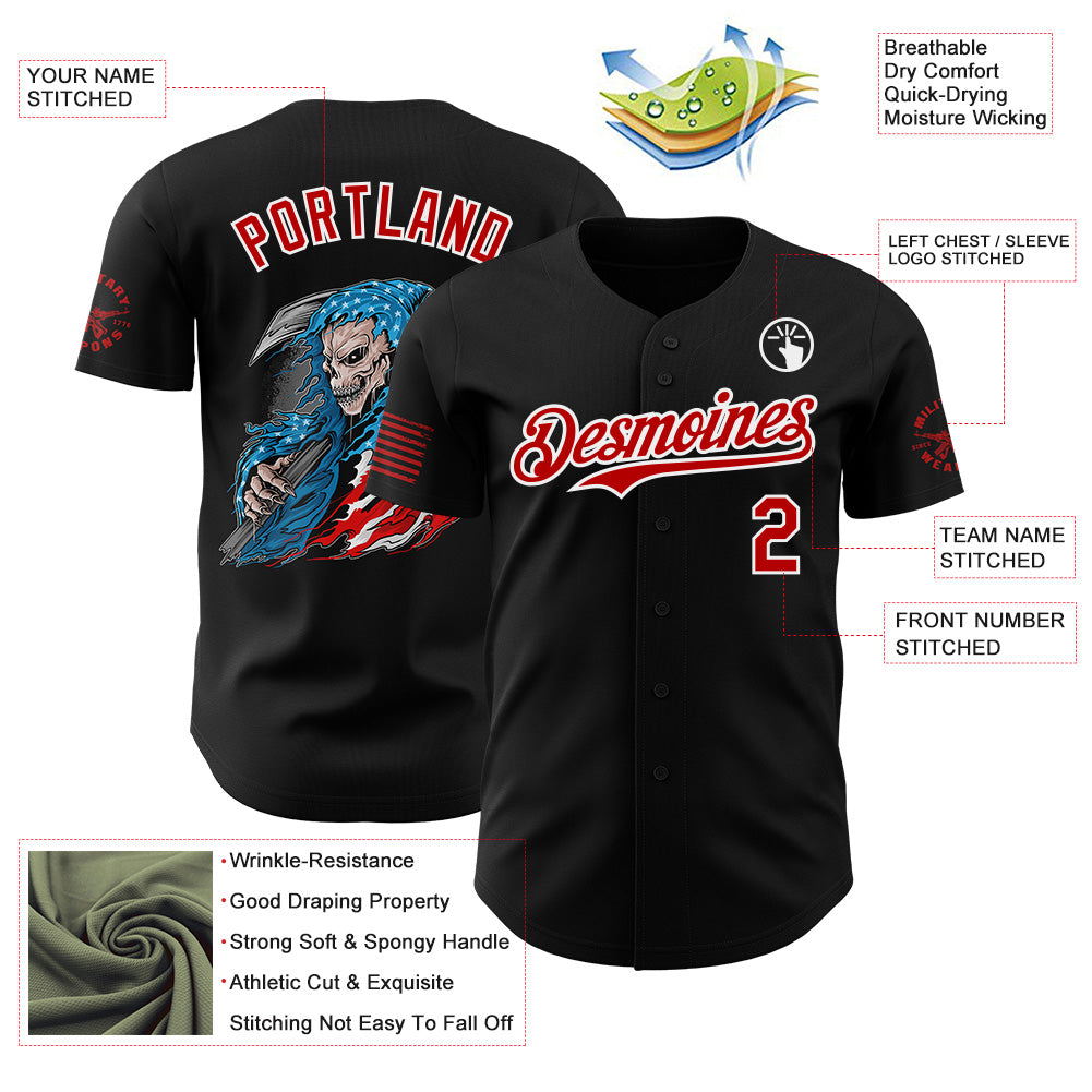 Custom Black Red-White USA American Flag Grim Reaper Skull Authentic Baseball Jersey view 3