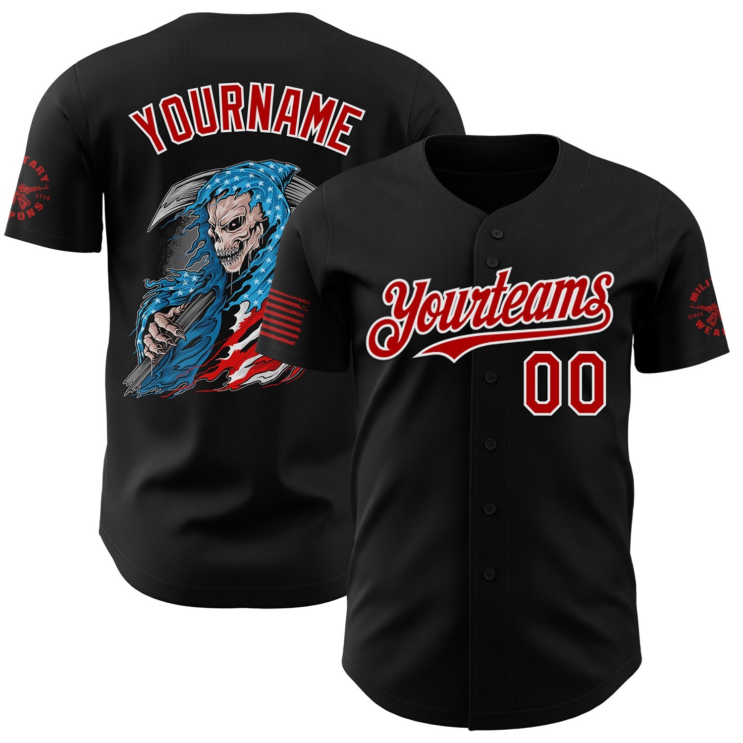 Custom Black Red-White USA American Flag Grim Reaper Skull Authentic Baseball Jersey - Main View