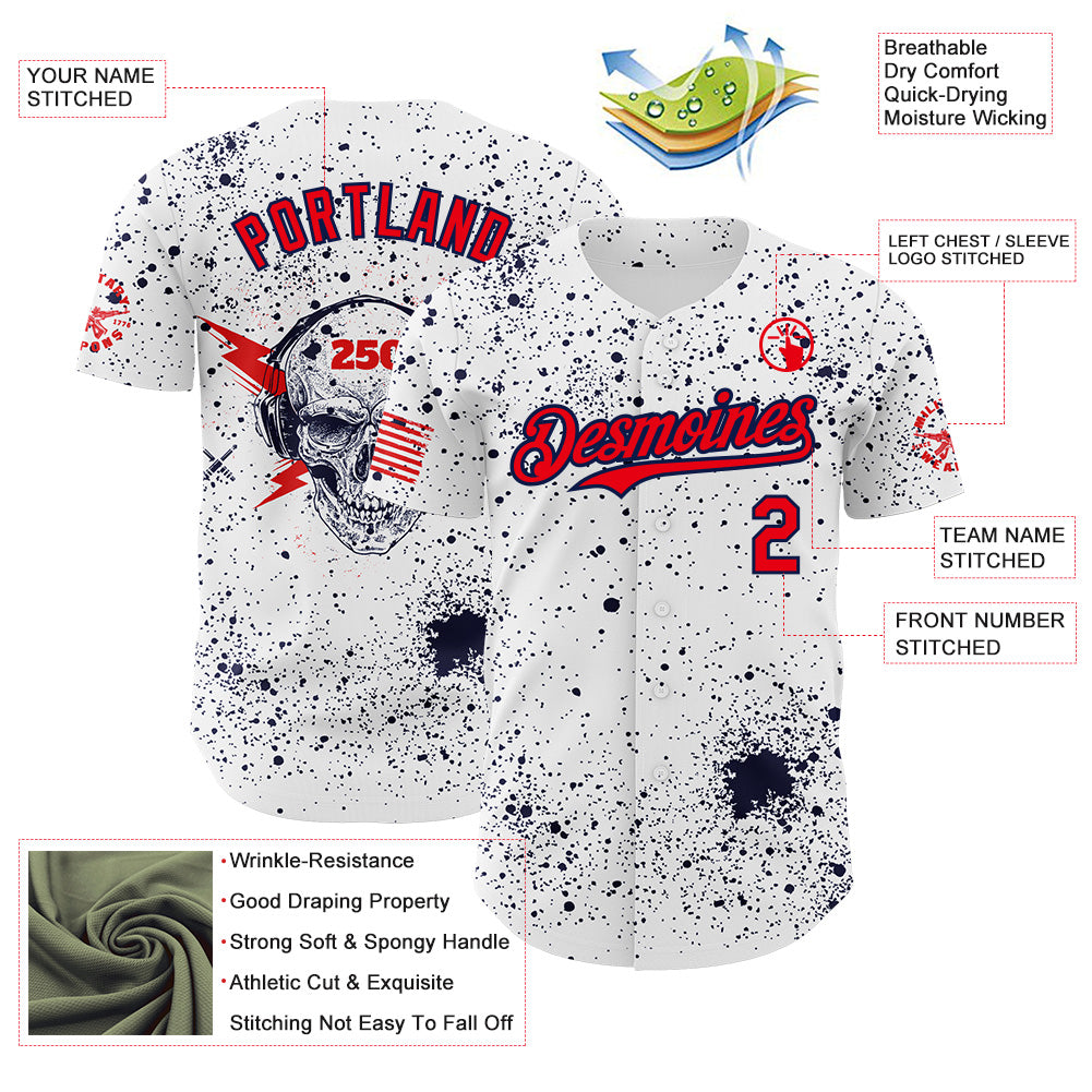Custom White Fire Red-Navy USA American Flag Music Skull Authentic Baseball Jersey view 3