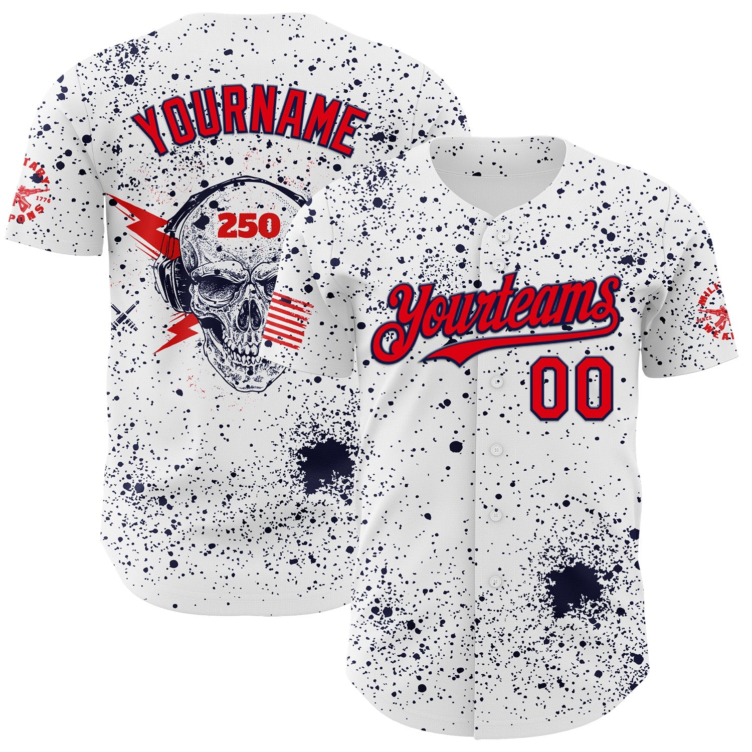 Custom White Fire Red-Navy USA American Flag Music Skull Authentic Baseball Jersey - Main View