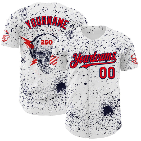 Custom White Fire Red-Navy USA American Flag Music Skull Authentic Baseball Jersey - Main View