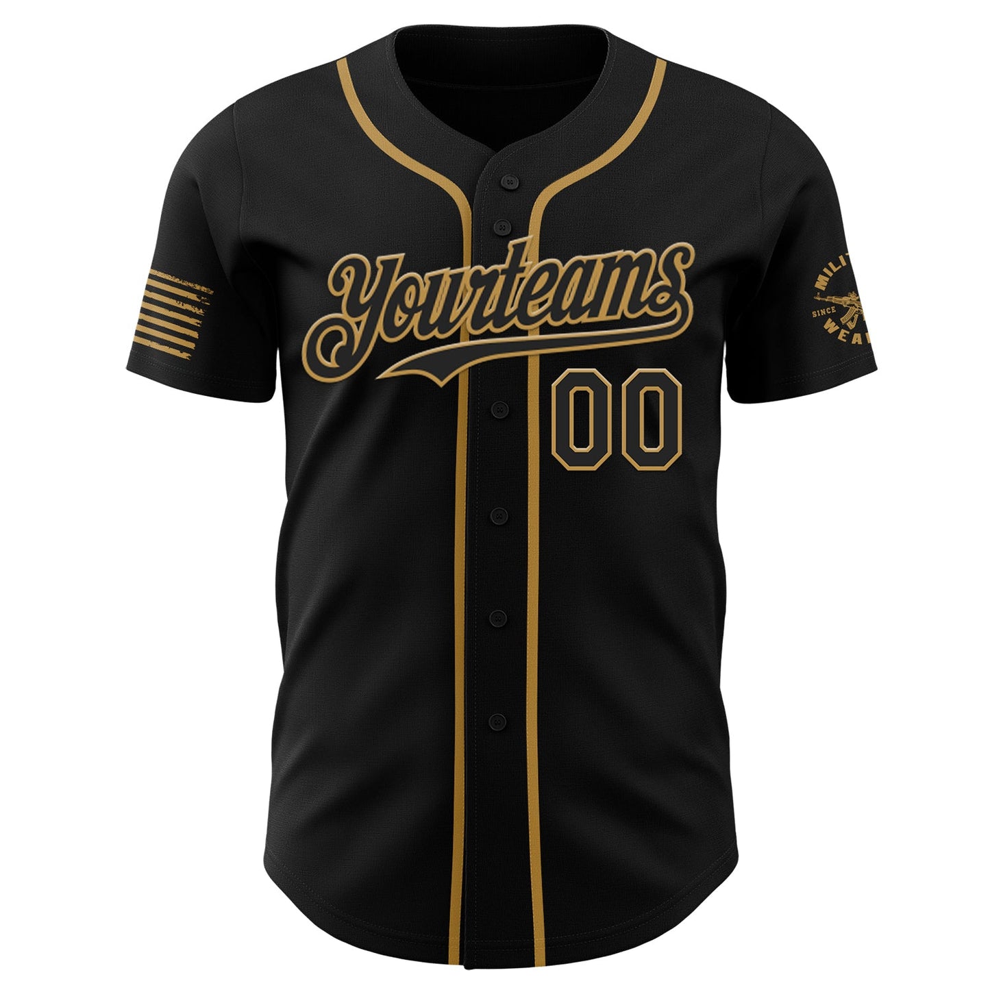 Custom Black-Old Gold USA American Flag Snake Skull Authentic Baseball Jersey view 2