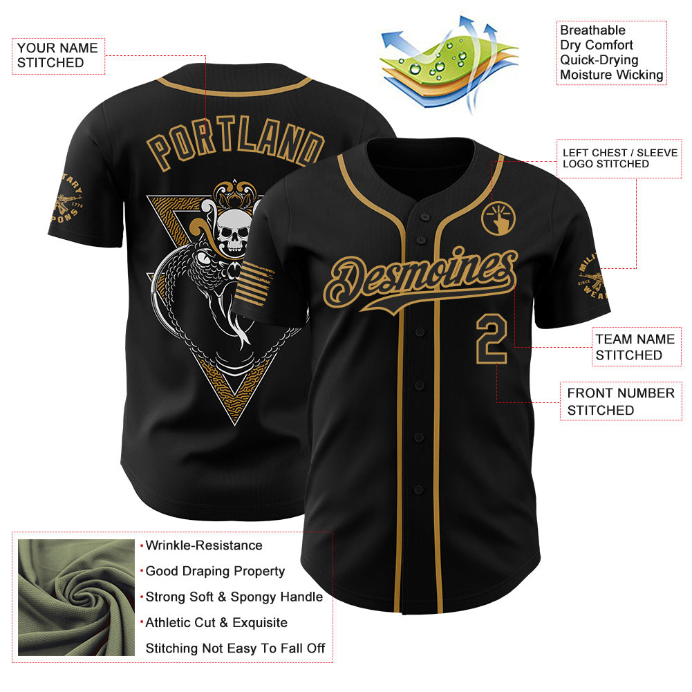 Custom Black-Old Gold USA American Flag Snake Skull Authentic Baseball Jersey view 3
