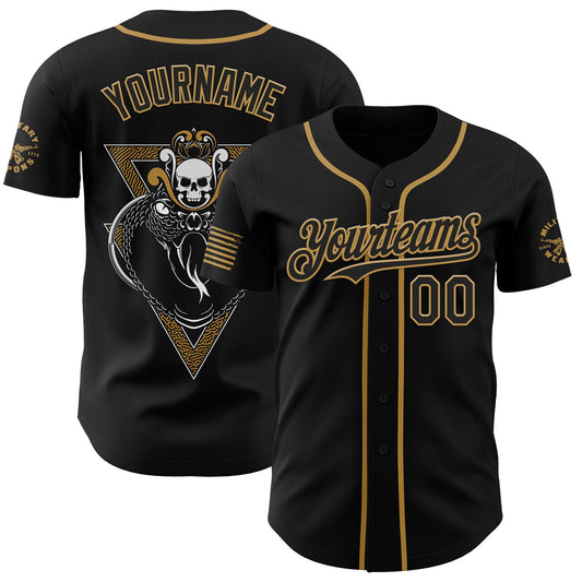 Custom Black-Old Gold USA American Flag Snake Skull Authentic Baseball Jersey - Main View