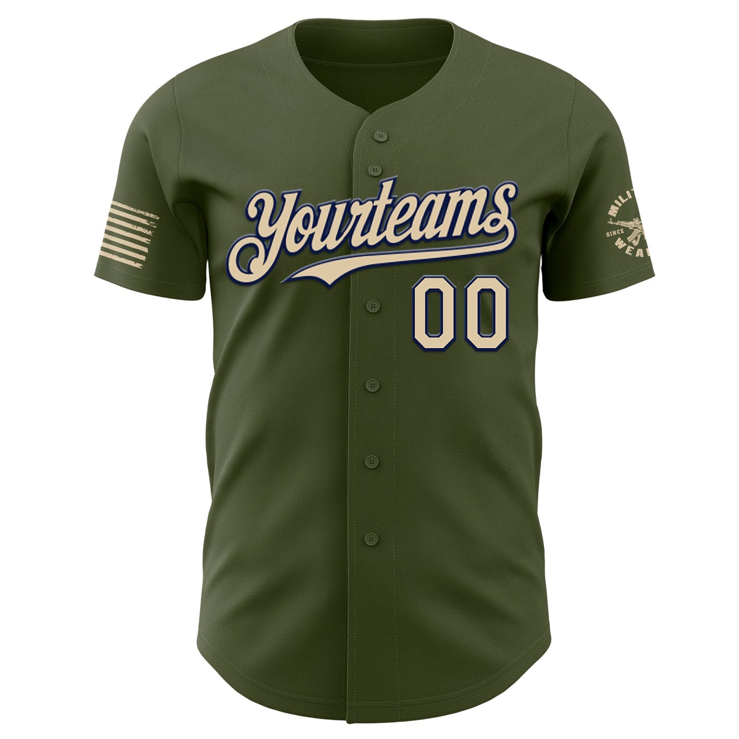 Custom Olive City Cream-Navy USA Relentless American Flag Skull Authentic Baseball Jersey view 2