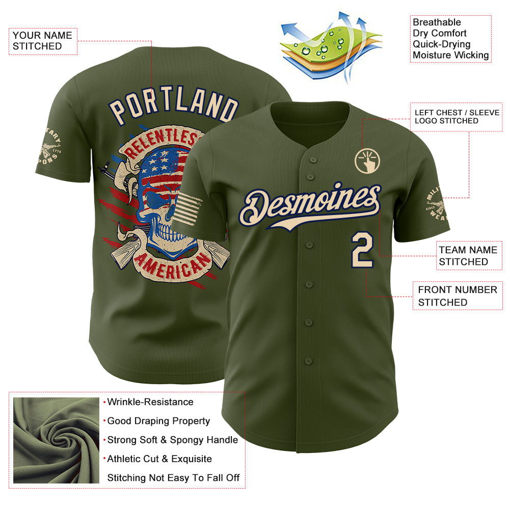 Custom Olive City Cream-Navy USA Relentless American Flag Skull Authentic Baseball Jersey view 3