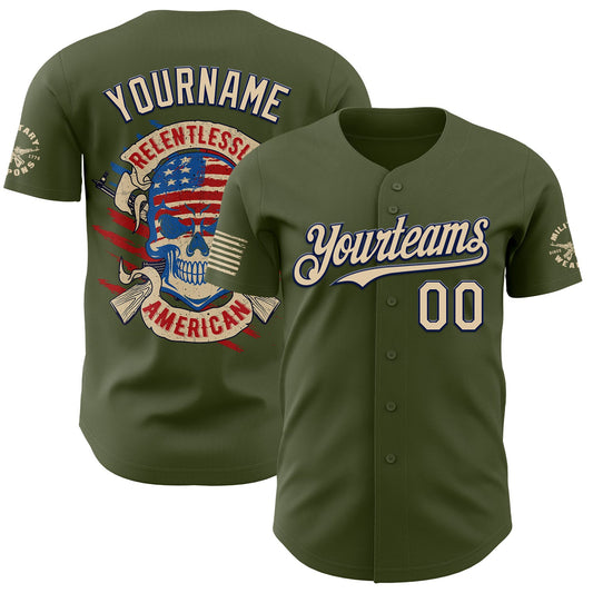 Custom Olive City Cream-Navy USA Relentless American Flag Skull Authentic Baseball Jersey - Main View