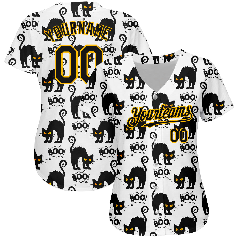 Custom White Black-Yellow 3D Pattern Design Cat Authentic Baseball Jersey view 2