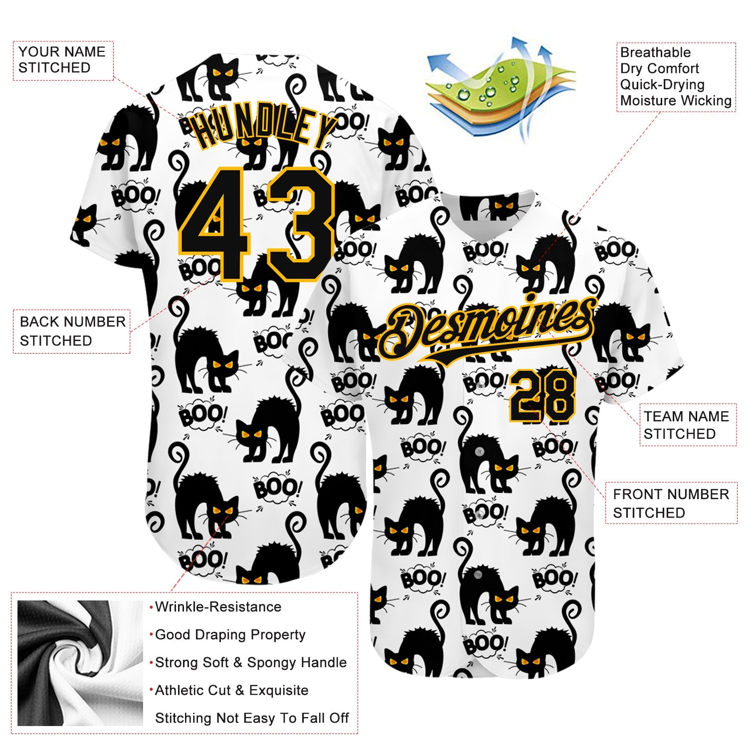 Custom White Black-Yellow 3D Pattern Design Cat Authentic Baseball Jersey view 3