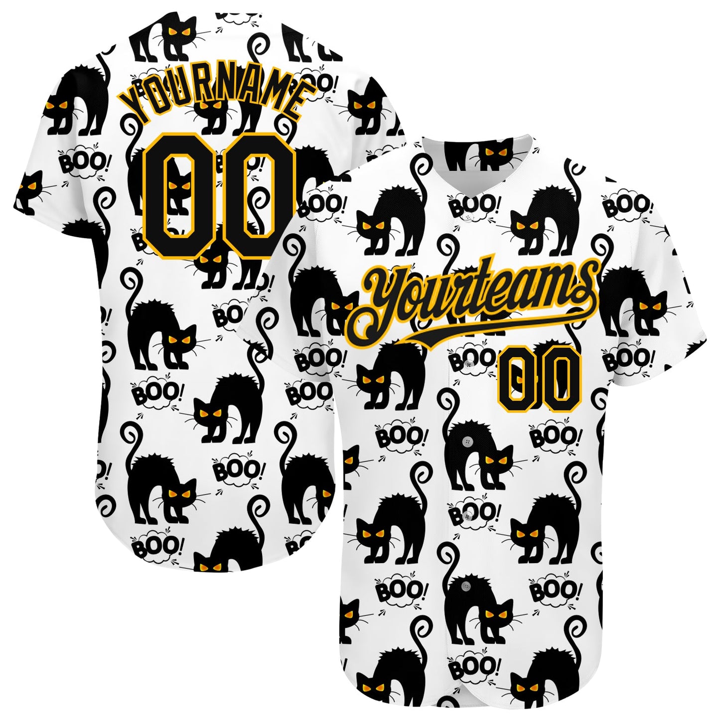 Custom White Black-Yellow 3D Pattern Design Cat Authentic Baseball Jersey - Main View