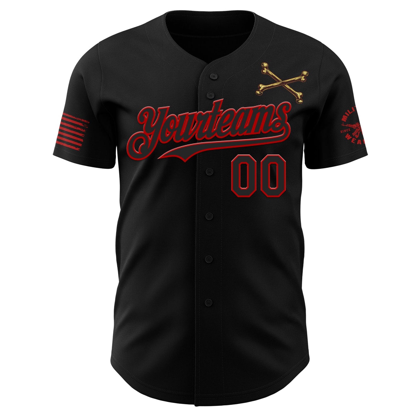 Custom Black-Red USA American Flag Gothic Patriotic Snake Skull Authentic Baseball Jersey view 2