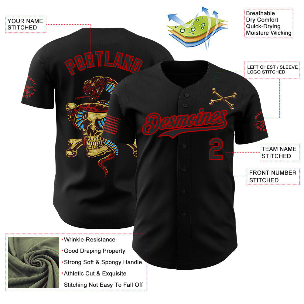 Custom Black-Red USA American Flag Gothic Patriotic Snake Skull Authentic Baseball Jersey view 3