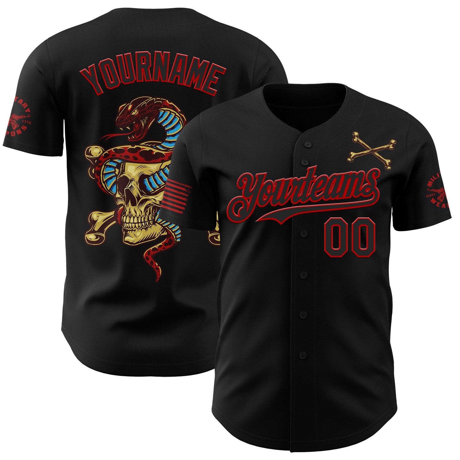 Custom Black-Red USA American Flag Gothic Patriotic Snake Skull Authentic Baseball Jersey - Main View