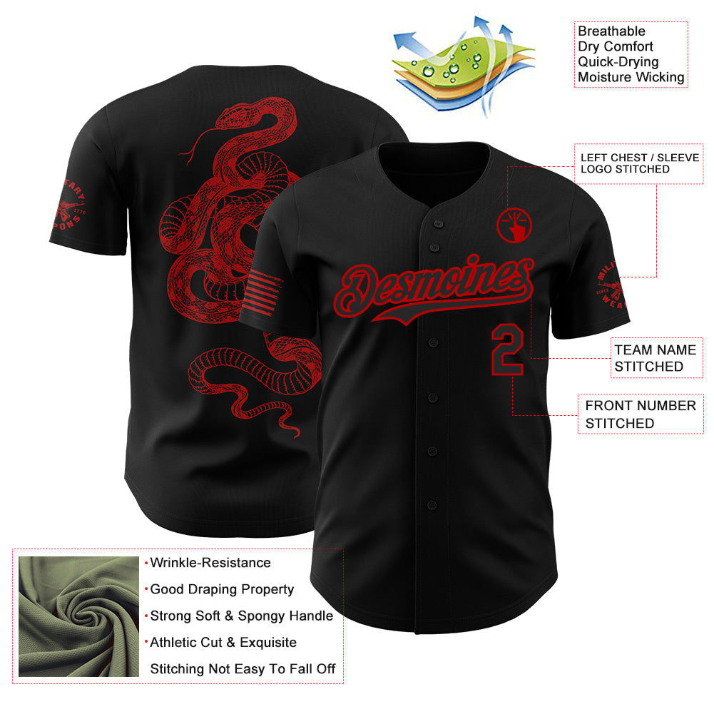 Custom Black-Red USA Flag Western Patriotic Red Rattlesnake Authentic Baseball Jersey view 3