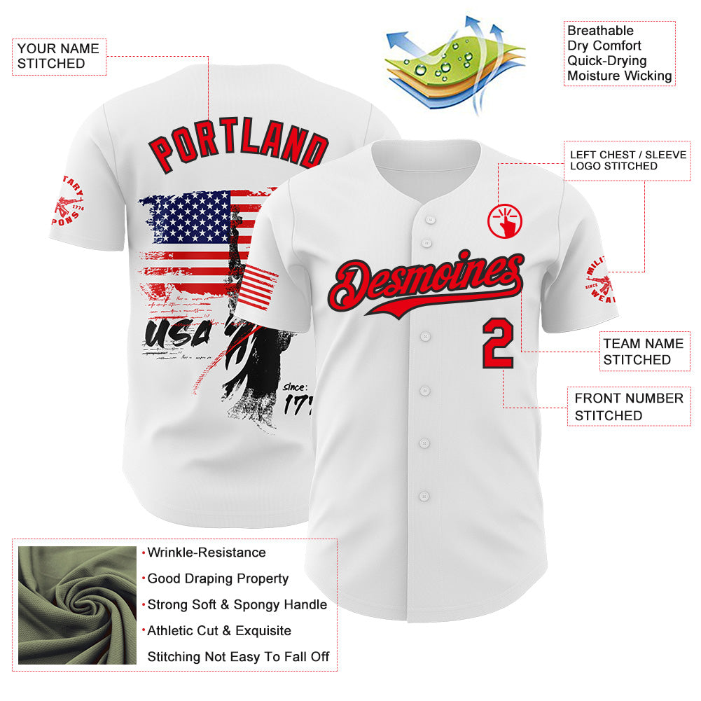 Custom White Fire Red-Black USA American Flag Patriotic Statue of Liberty Authentic Baseball Jersey view 3