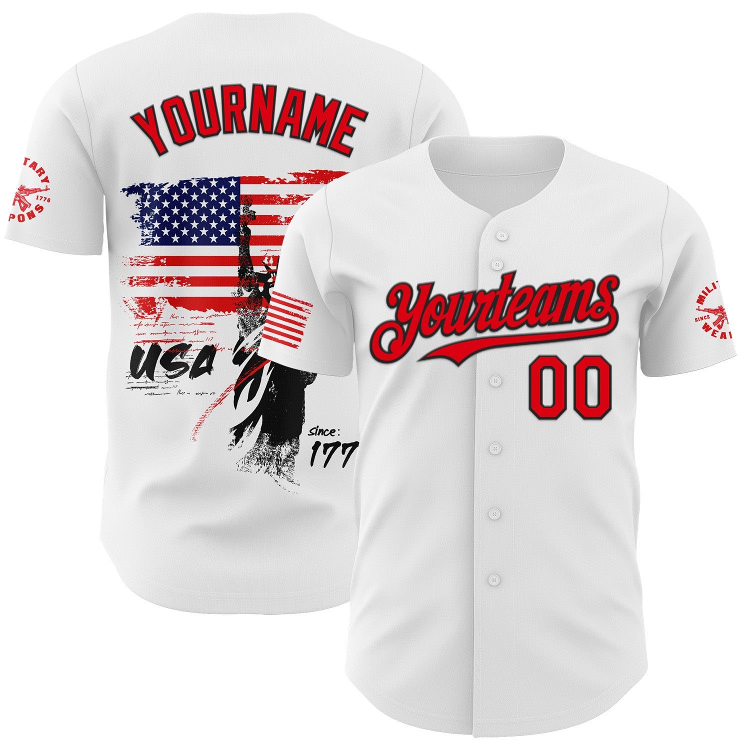 Custom White Fire Red-Black USA American Flag Patriotic Statue of Liberty Authentic Baseball Jersey - Main View