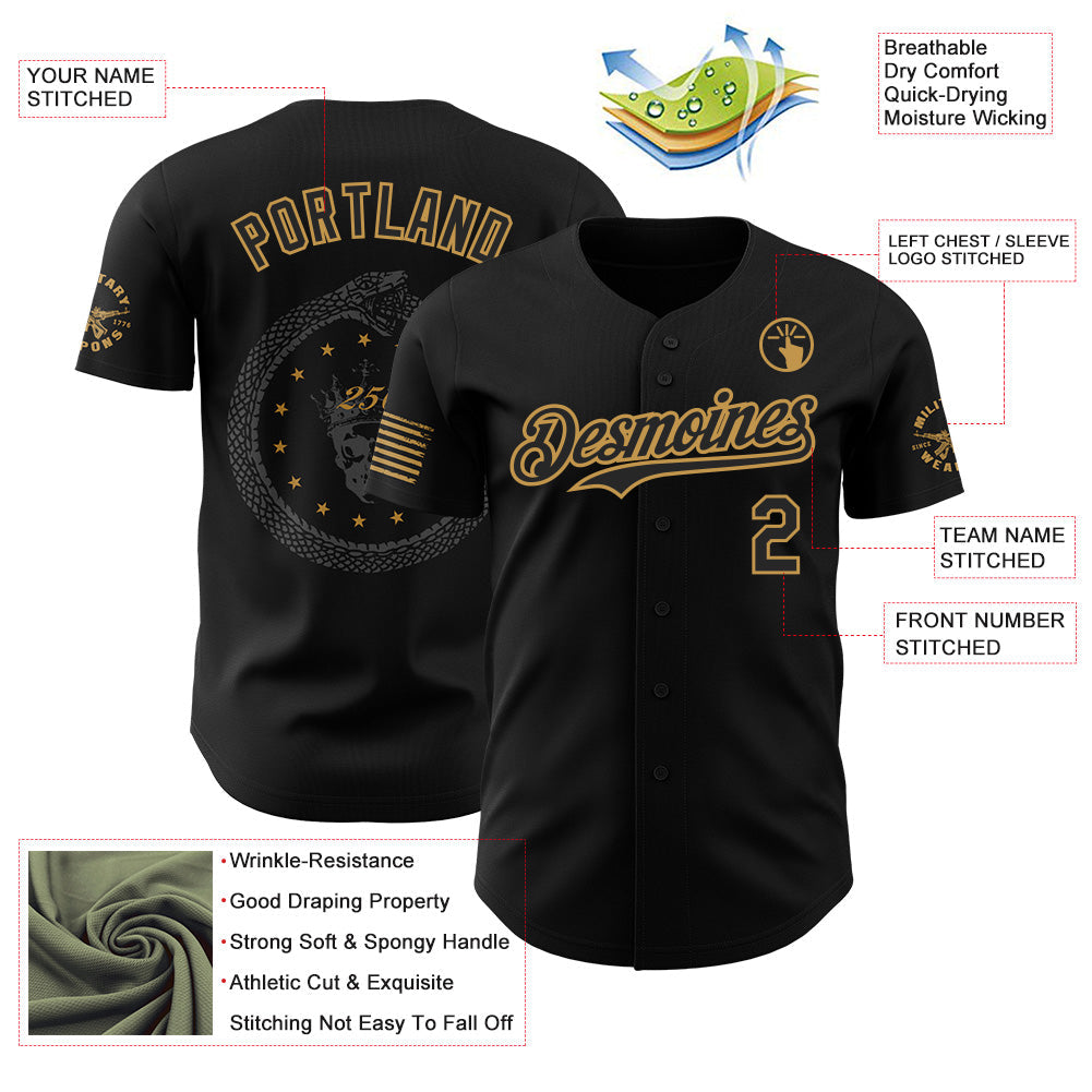 Custom Black-Old Gold USA Ouroboros Skull Authentic Baseball Jersey view 3