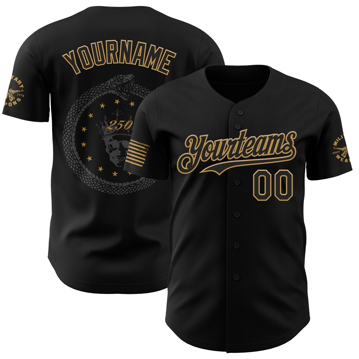 Custom Black-Old Gold USA Ouroboros Skull Authentic Baseball Jersey - Main View