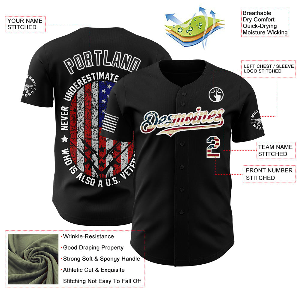 Custom Black Vintage USA Flag-White Patriotic Military Veteran Authentic Baseball Jersey view 3