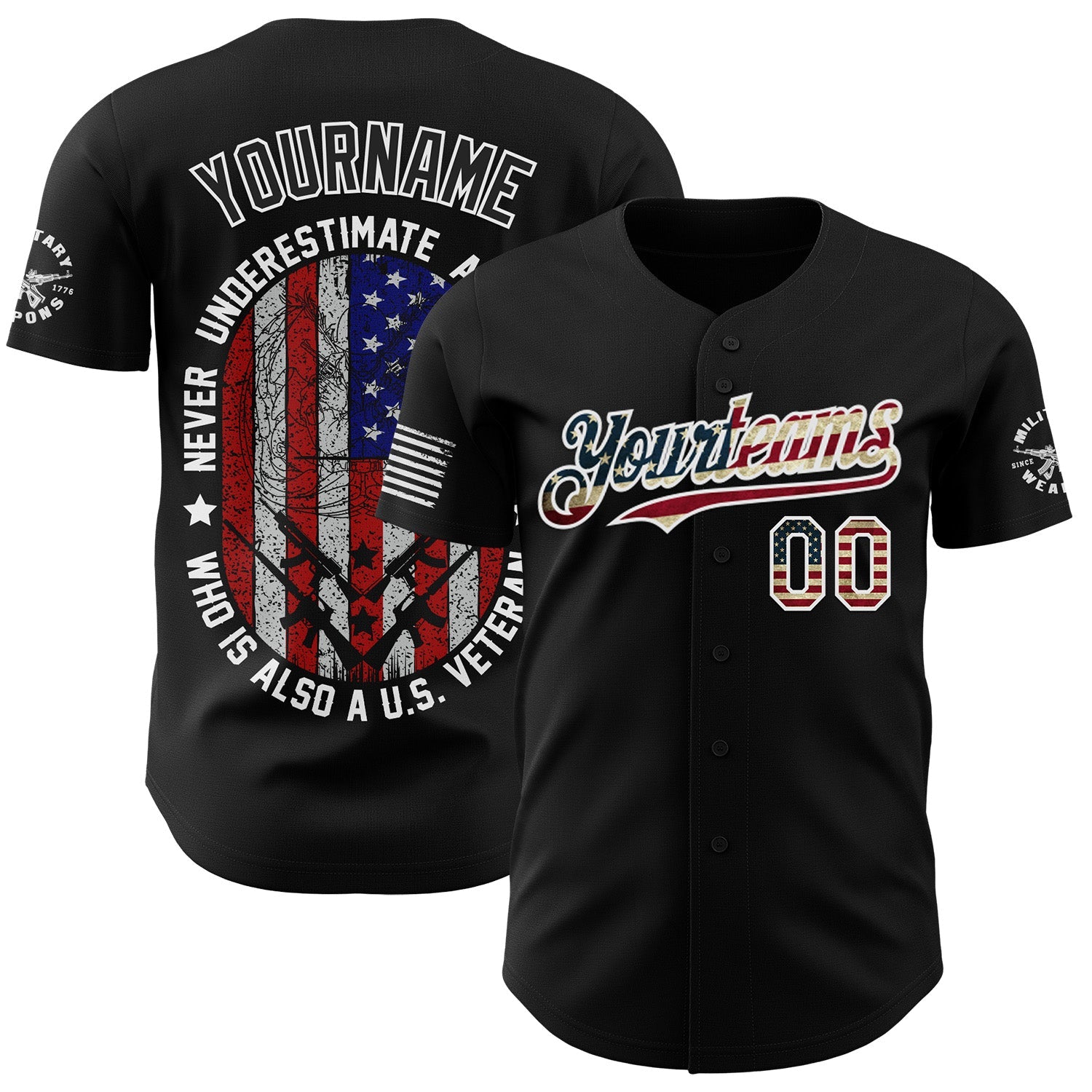 Custom Black Vintage USA Flag-White Patriotic Military Veteran Authentic Baseball Jersey - Main View