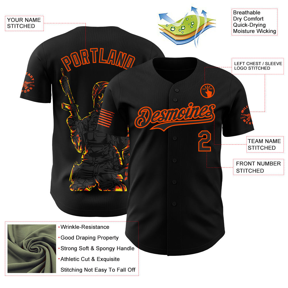Custom Black-Orange USA Tactical Soldier Flame Authentic Baseball Jersey view 3