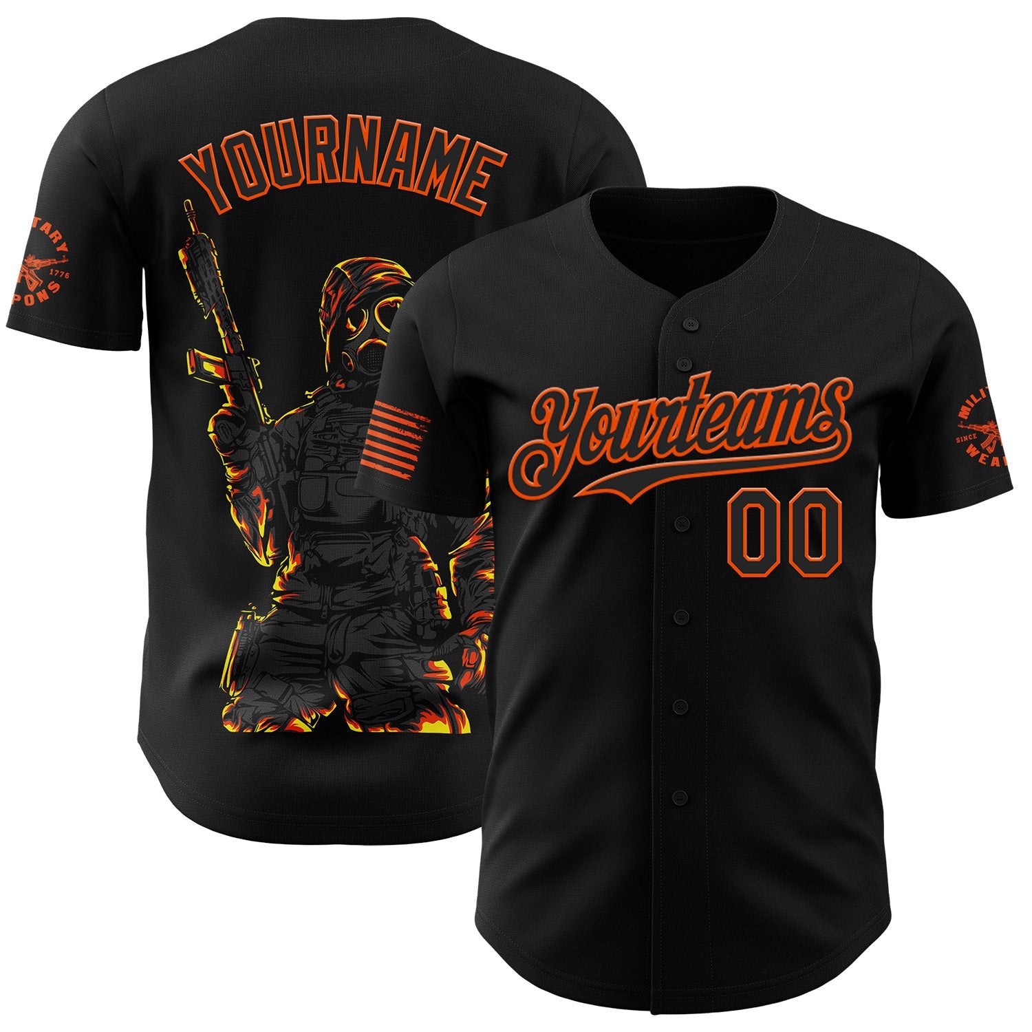 Custom Black-Orange USA Tactical Soldier Flame Authentic Baseball Jersey - Main View