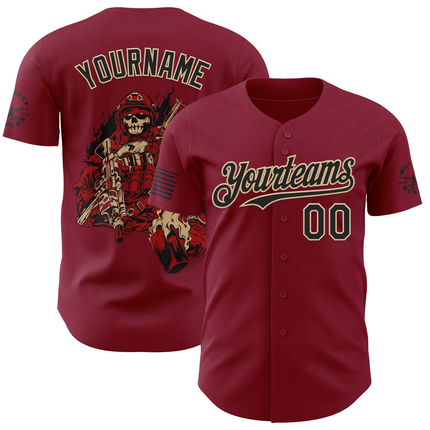 Custom Crimson Black-Vegas Gold USA Tactical Skull Authentic Baseball Jersey - Main View