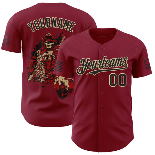 Custom Crimson Black-Vegas Gold USA Tactical Skull Authentic Baseball Jersey - Main View