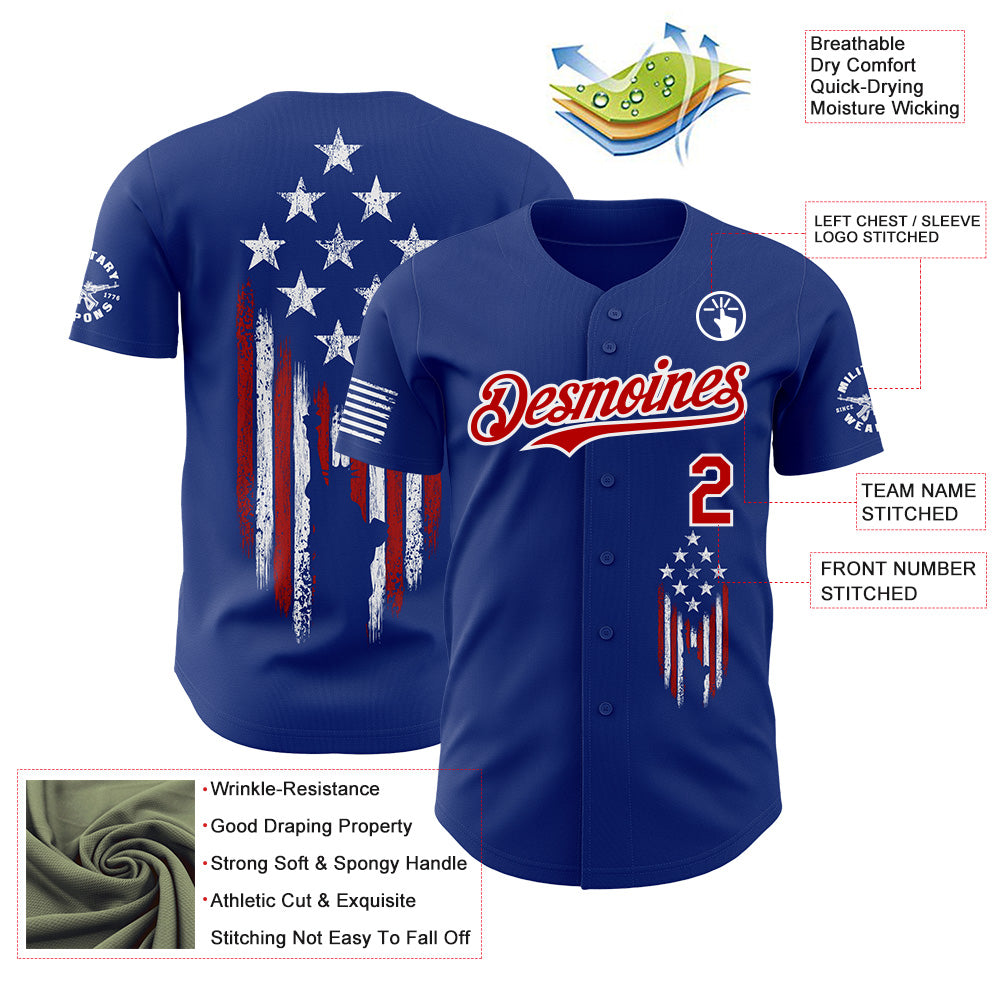 Custom Royal Red-White USA Distressed Heart American Flag Authentic Baseball Jersey view 3