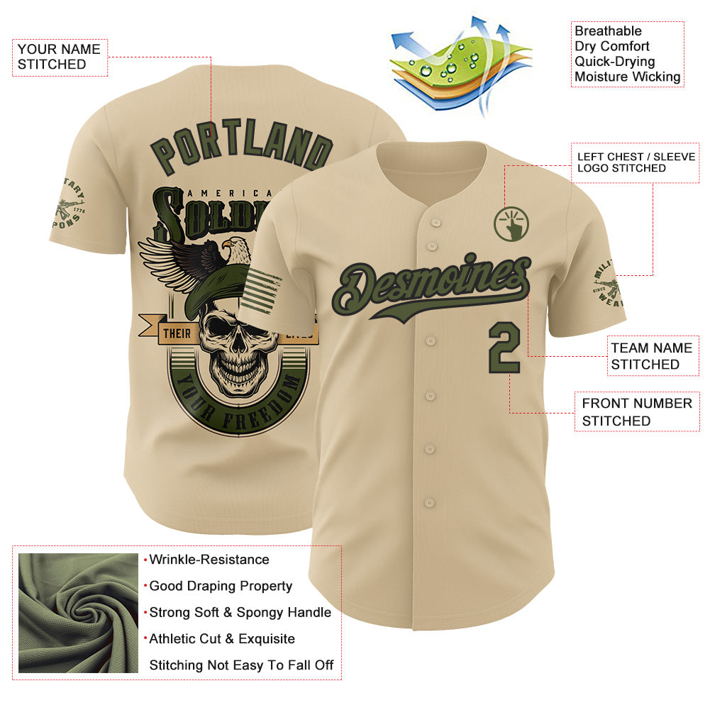 Custom City Cream Olive-Black USA American Flag Soldier Eagle Skull Authentic Baseball Jersey view 3