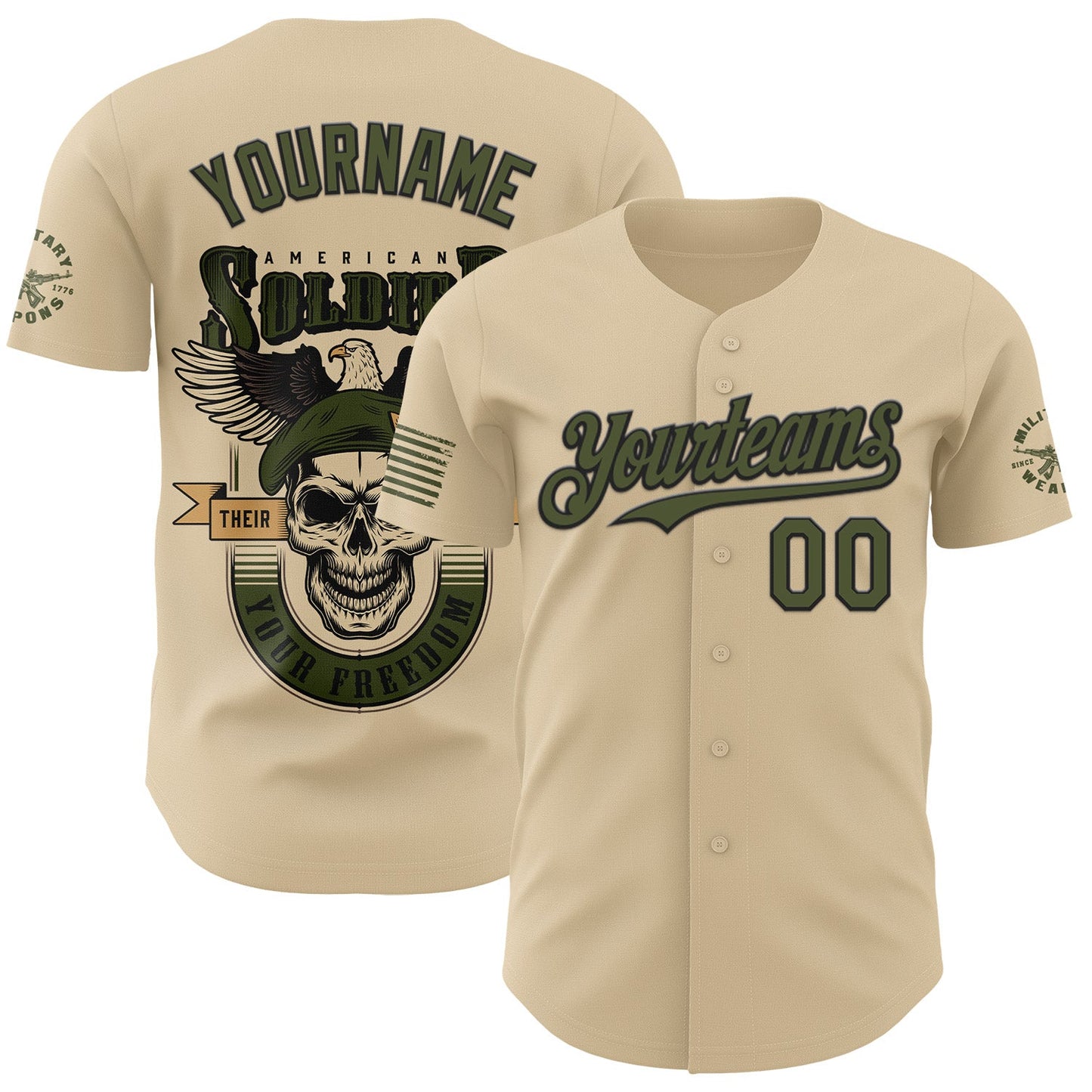 Custom City Cream Olive-Black USA American Flag Soldier Eagle Skull Authentic Baseball Jersey - Main View